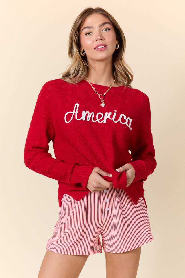 Off To The Fireworks Red America Script Striped Sweater SALE