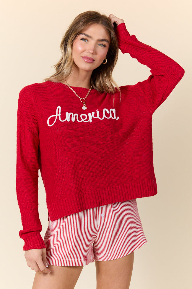 Off To The Fireworks Red America Script Striped Sweater SALE