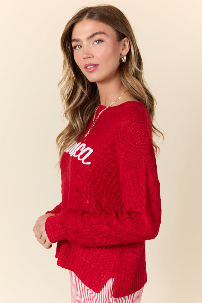 Off To The Fireworks Red America Script Striped Sweater SALE