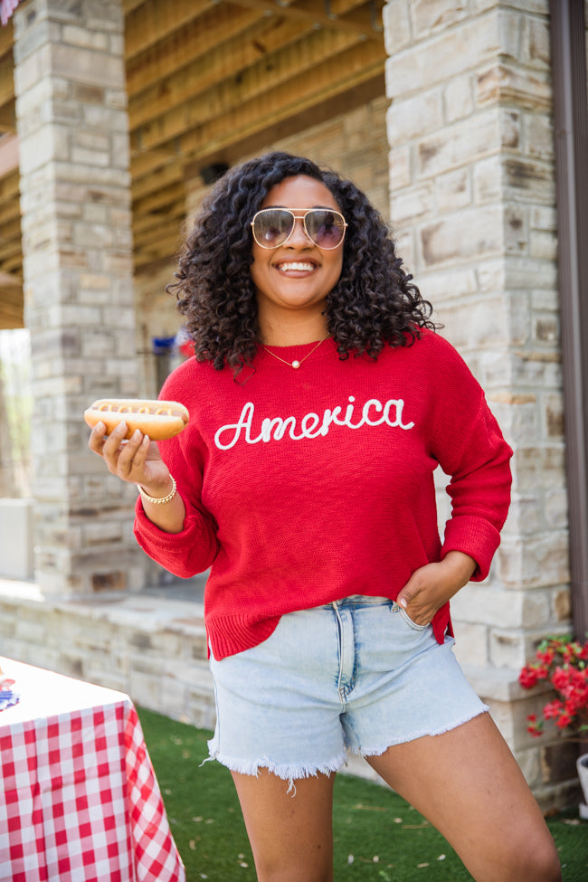 Off To The Fireworks Red America Script Striped Sweater SALE