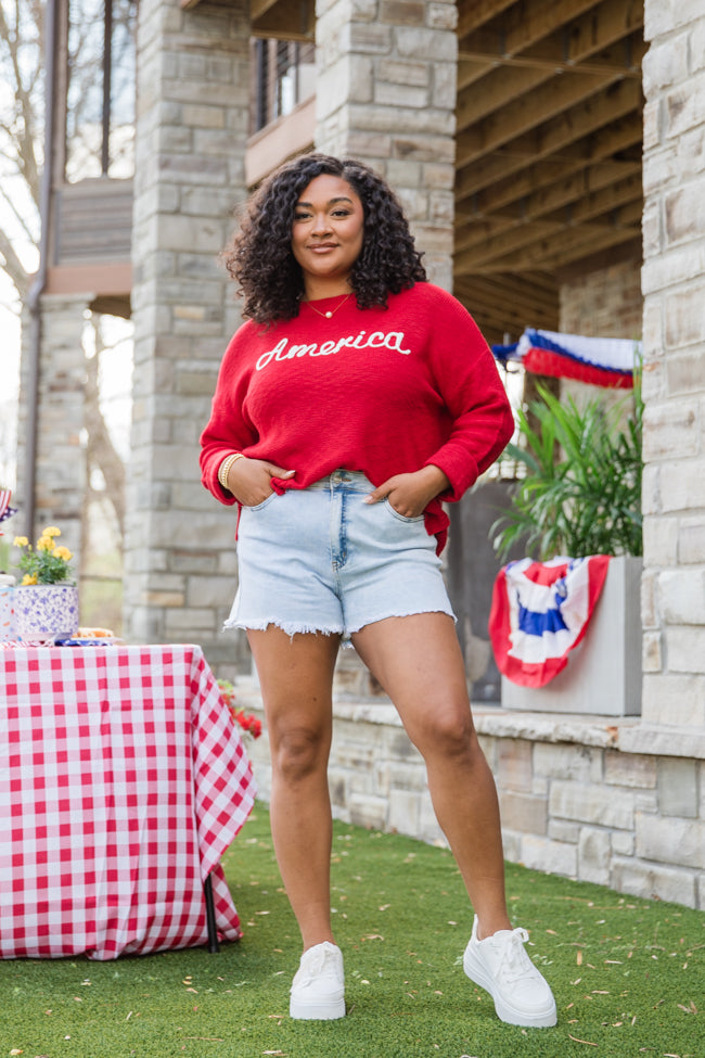 Off To The Fireworks Red America Script Striped Sweater SALE
