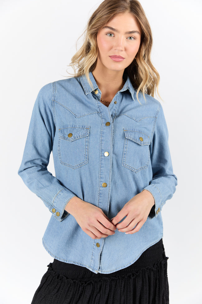 Gussied Up Yoke Detail Chambray Button Down Shirt