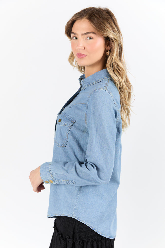 Gussied Up Yoke Detail Chambray Button Down Shirt