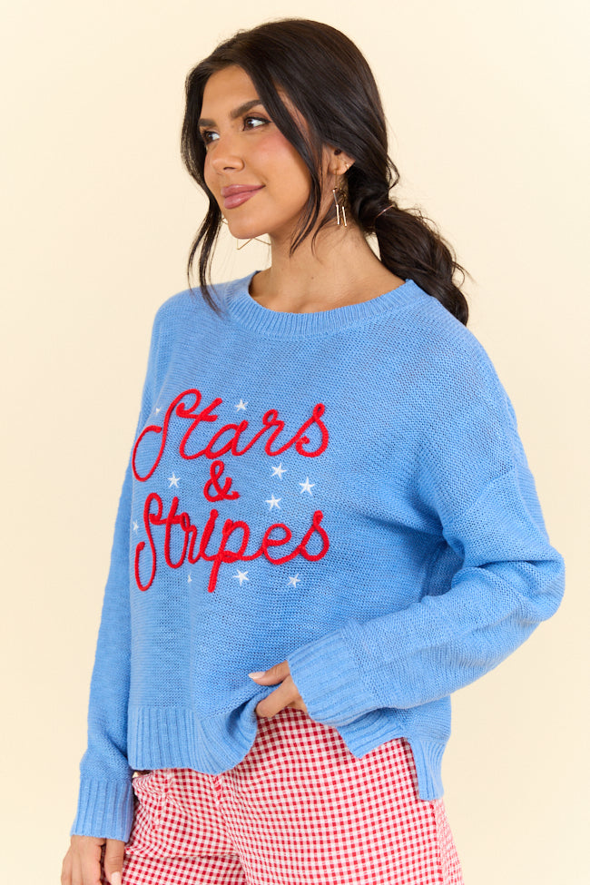 Off To Fireworks Blue Stars And Stripes Embroidered Sweater SALE