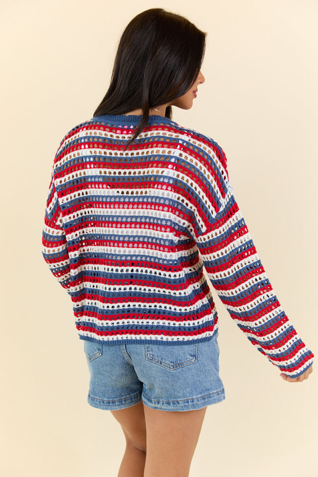 Chasing Rainbows V-Neck Red, White, And Blue Striped Crochet Sweater SALE