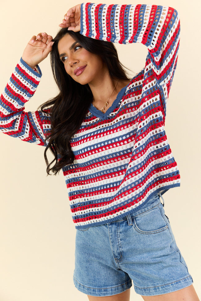 Chasing Rainbows V-Neck Red, White, And Blue Striped Crochet Sweater SALE