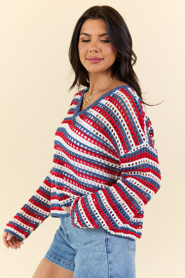 Chasing Rainbows V-Neck Red, White, And Blue Striped Crochet Sweater SALE