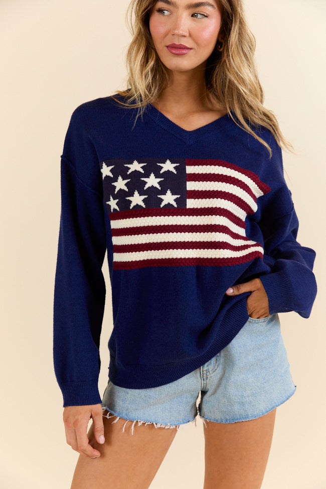 Home Of The Free Navy V-Neck Textured Flag Sweater SALE