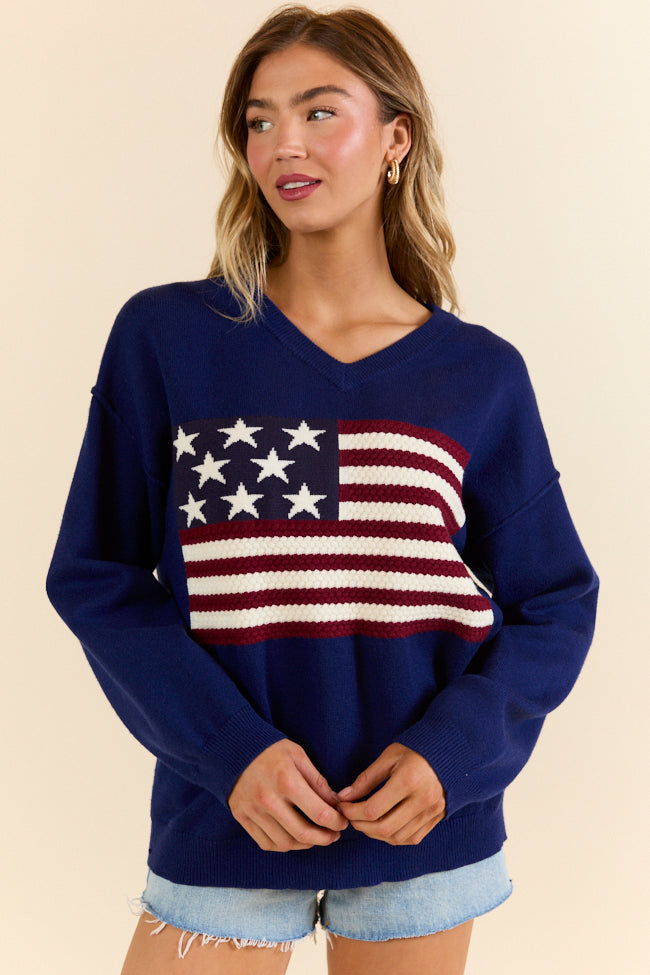 Home Of The Free Navy V-Neck Textured Flag Sweater SALE