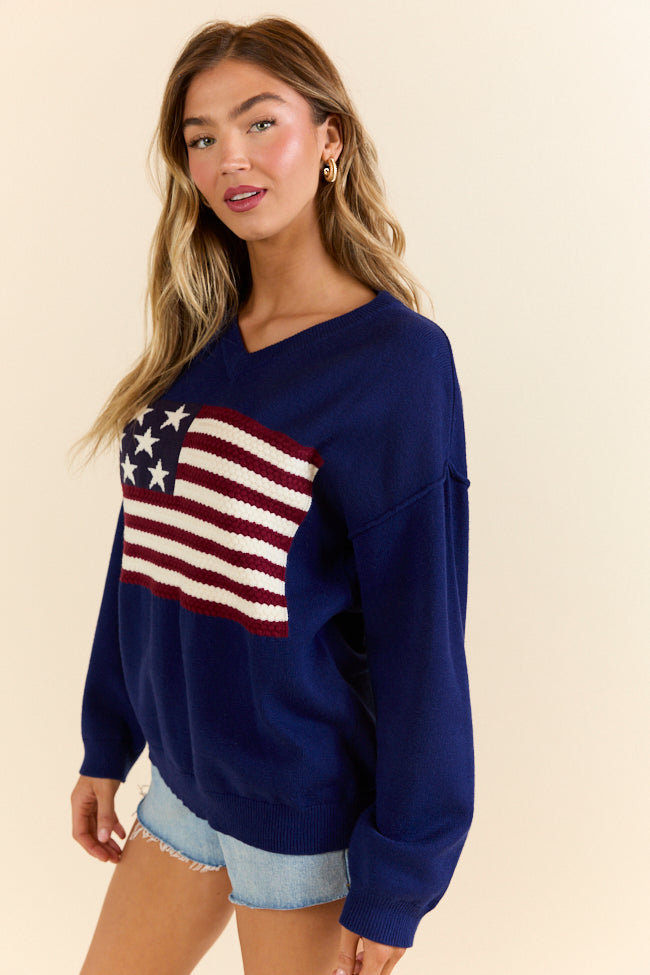 Home Of The Free Navy V-Neck Textured Flag Sweater SALE