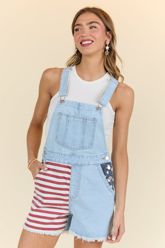 From The Heartland Light Wash Relaxed Fit Flag Detail Denim Overalls SALE