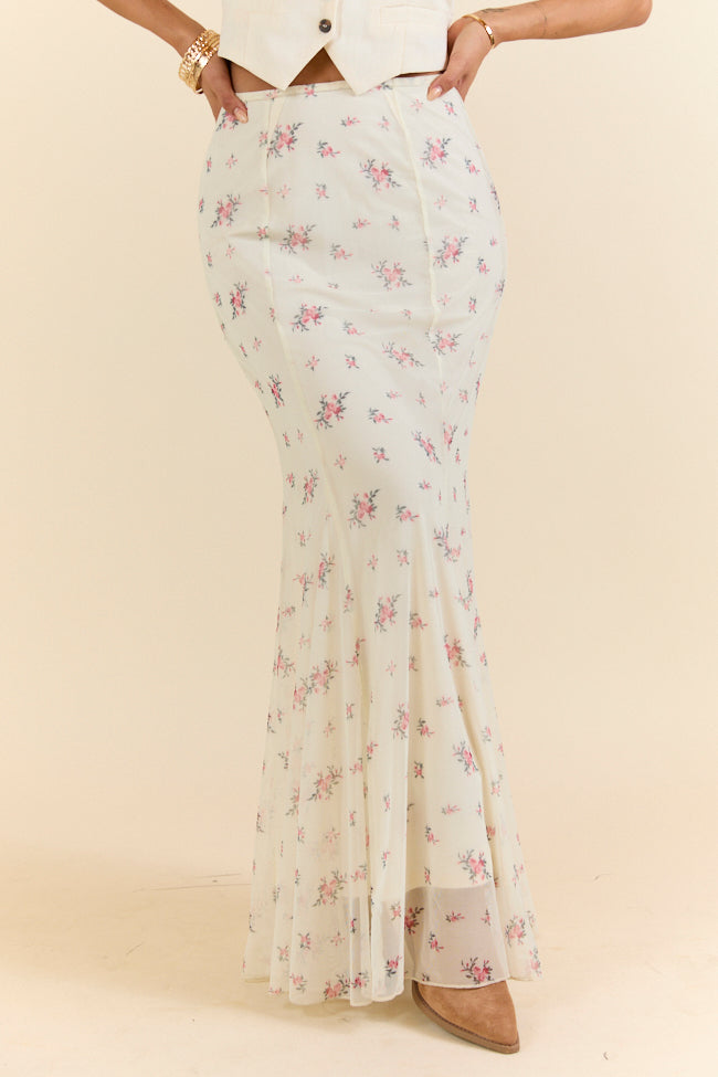 Floral Echo Ivory and Pink Knit Maxi Skirt