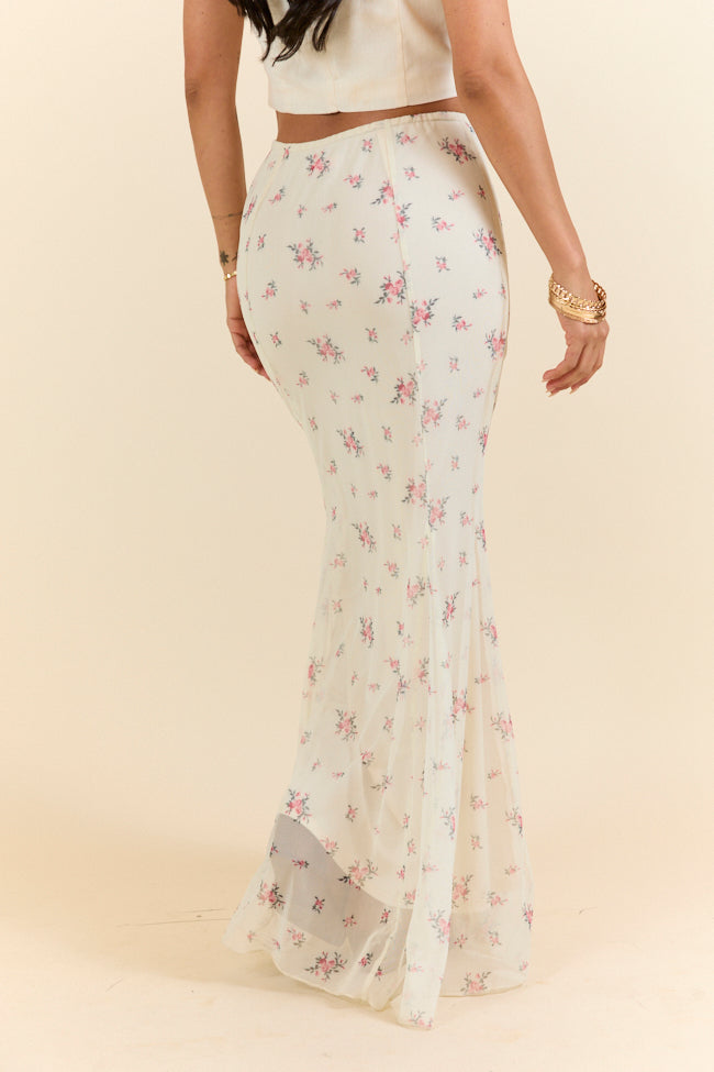 Floral Echo Ivory and Pink Knit Maxi Skirt