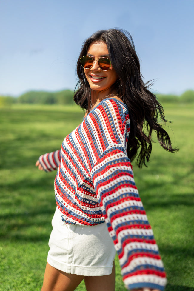 Chasing Rainbows V-Neck Red, White, And Blue Striped Crochet Sweater SALE