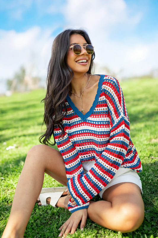 Chasing Rainbows V-Neck Red, White, And Blue Striped Crochet Sweater SALE