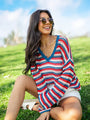 Chasing Rainbows V-Neck Red, White, And Blue Striped Crochet Sweater SALE