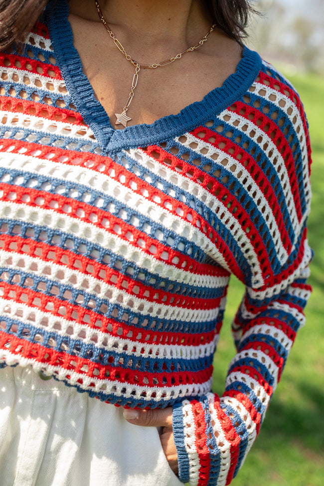 Chasing Rainbows V-Neck Red, White, And Blue Striped Crochet Sweater SALE