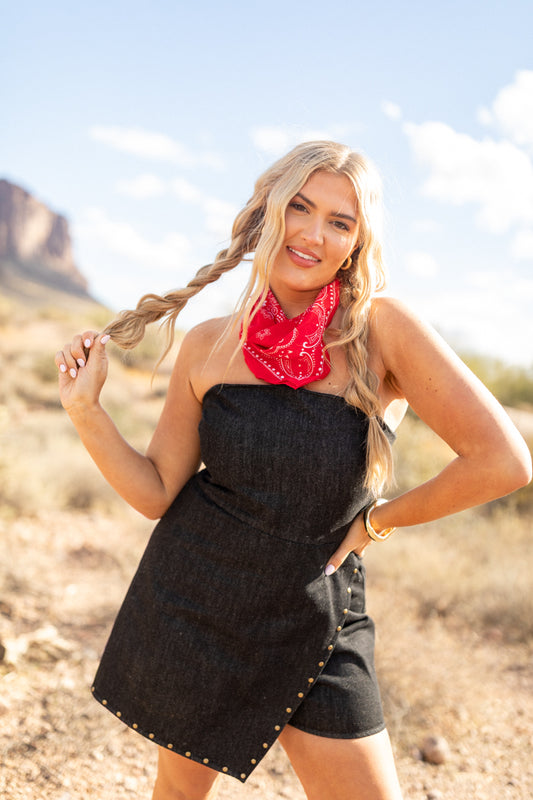 Pretty Heart Black Denim Strapless Romper