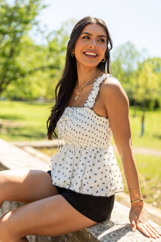 Tied Up In Style Cream and Black Smocked Bow Tank Top